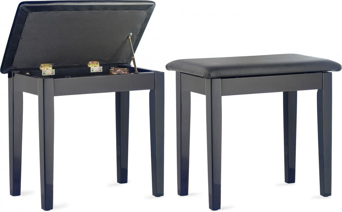 Stagg Highgloss black piano bench with black vinyl top and storage compartment