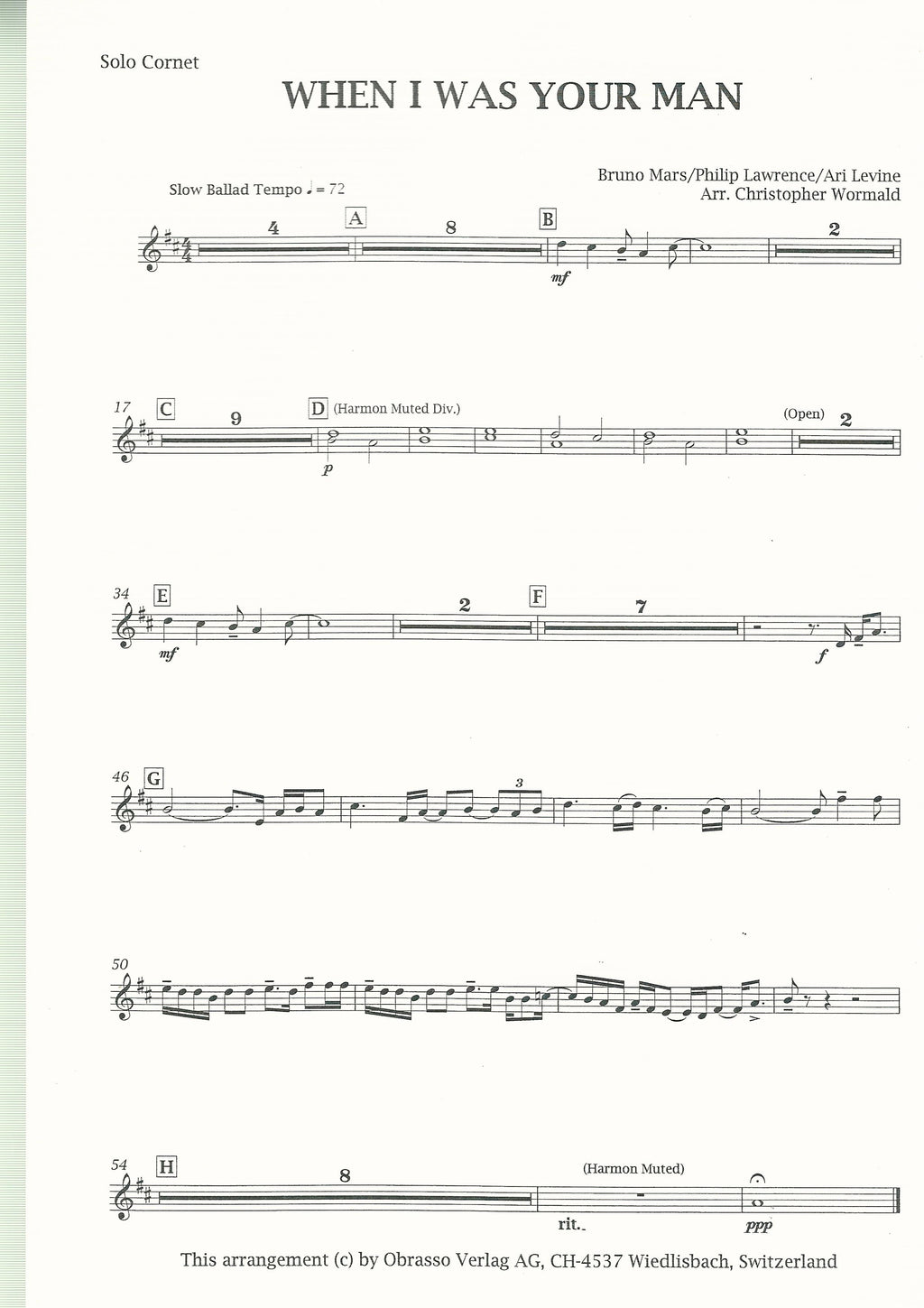 When I Was Your Man - Bruno Mars, Philip Lawrence & Ari Levine arr. Christopher Wormald