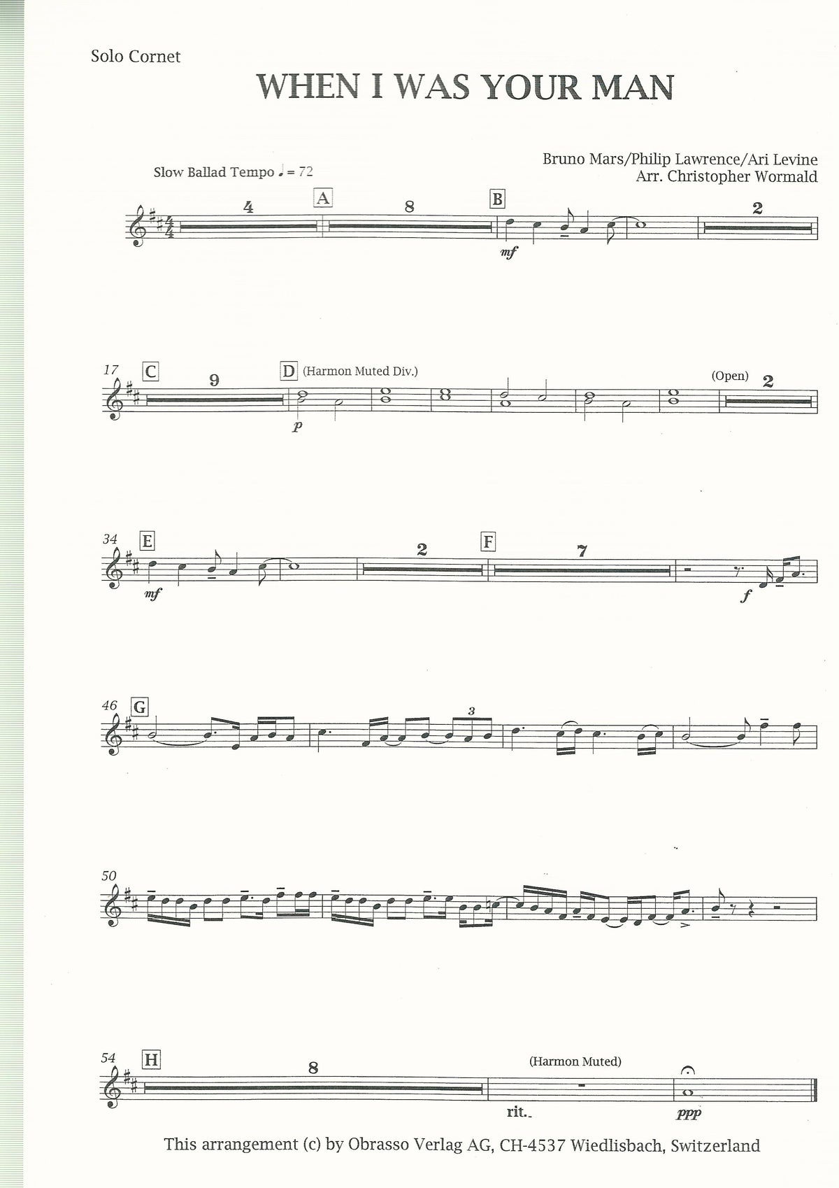 When I Was Your Man - Bruno Mars, Philip Lawrence & Ari Levine arr. Christopher Wormald