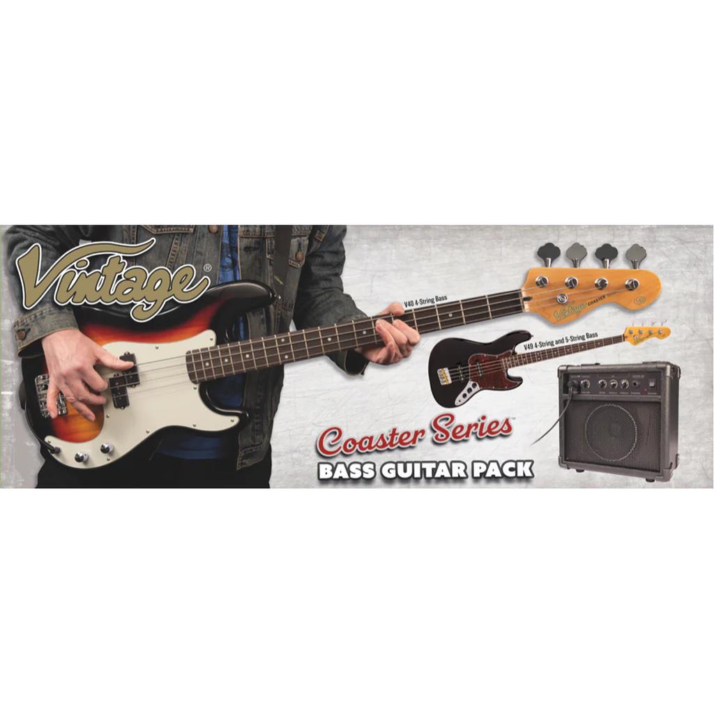 Vintage V40 Coaster Bass Guitar Pack - Gloss Black