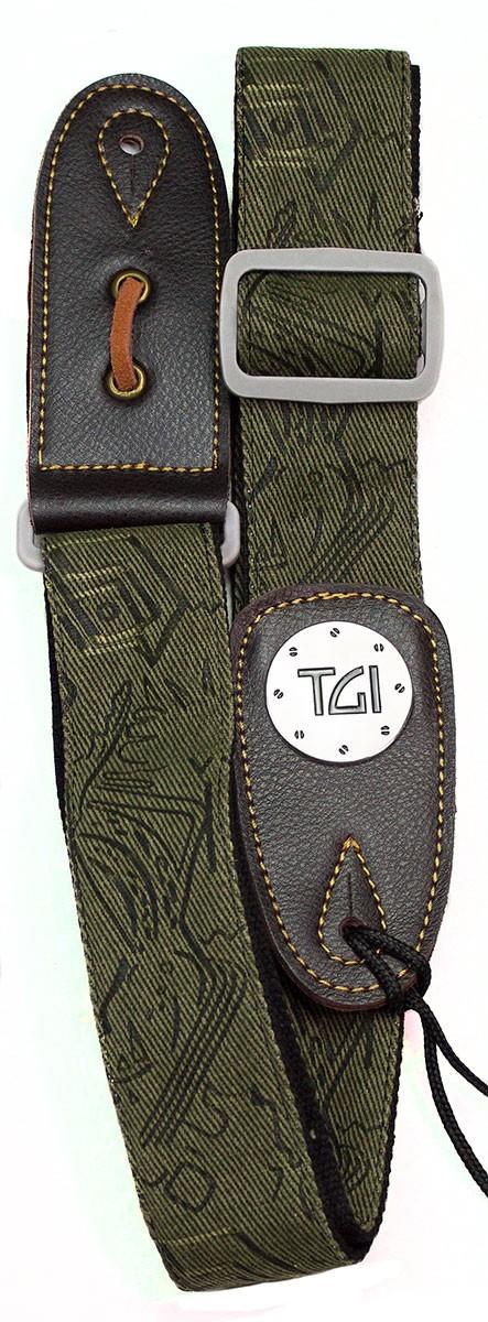 TGI Guitar Strap Woven Green Pattern Denim Grey Buckle