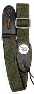 TGI Guitar Strap Woven Green Pattern Denim Grey Buckle